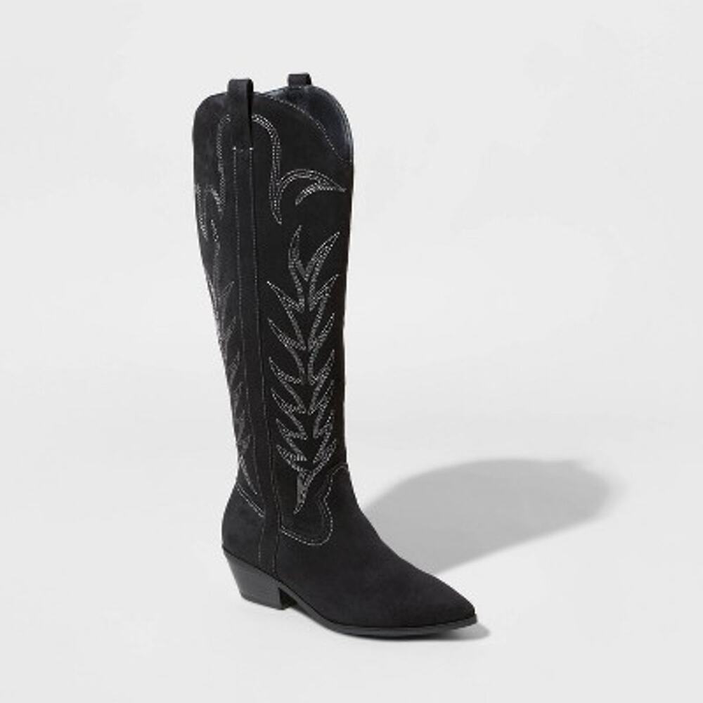 NEW Universal Thread Women's Stitch Western Boots Faux Suede Heel - Black Size 6